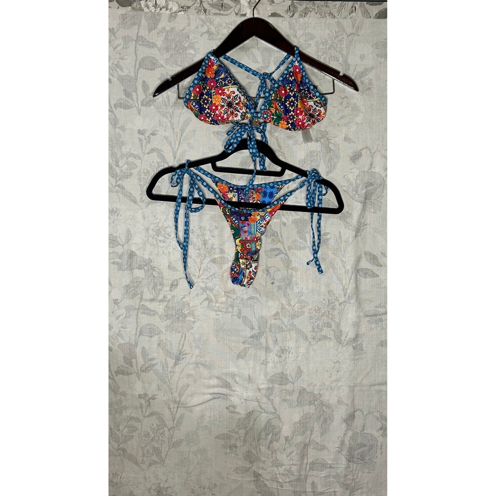 Vibrant Floral Patchwork Triangle Bikini Set Blue Dot Tie String Swimsuit